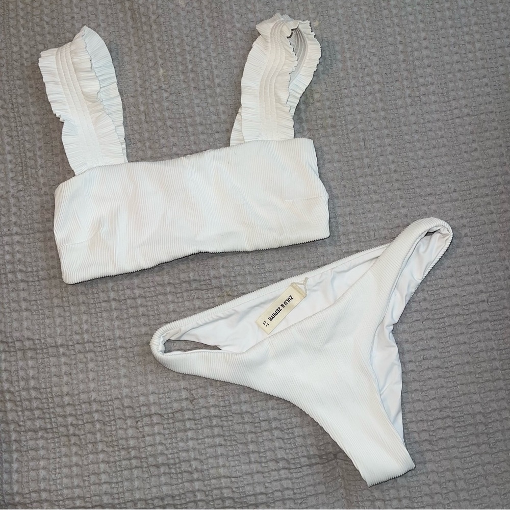 Zulu & Zephyr White Ribbed Ruffle Strap Bikini